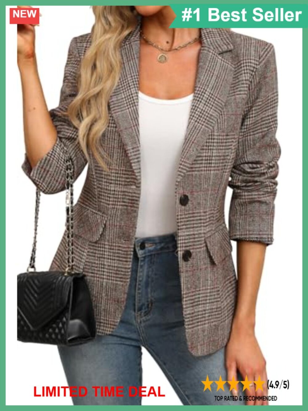 Women's Plaid Houndstooth Blazer Notch Lapel Business Casual Work Jacket